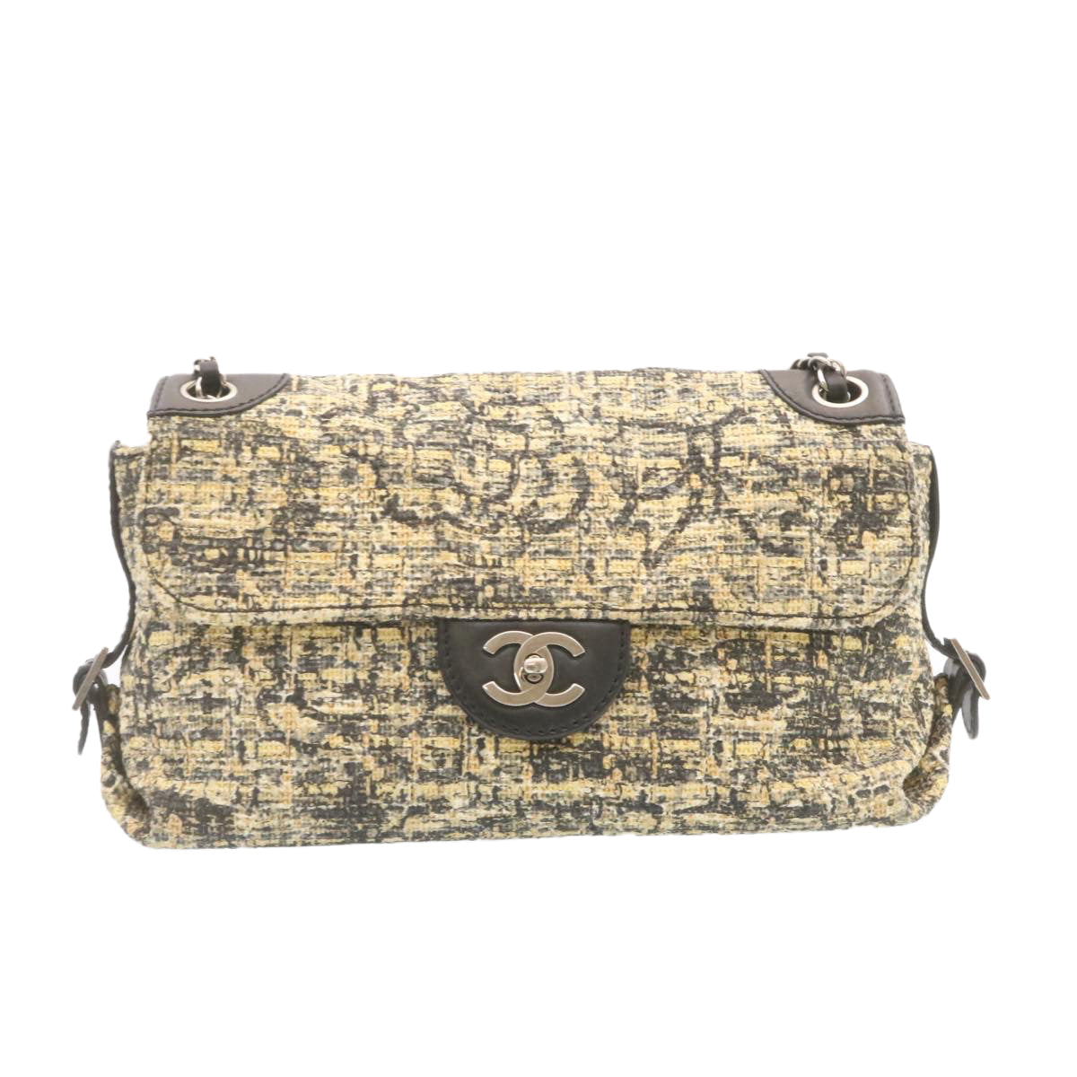 CHANEL Camellia Icon Turn lock Chain Flap ShoulderBag Beige Black CC 24396A