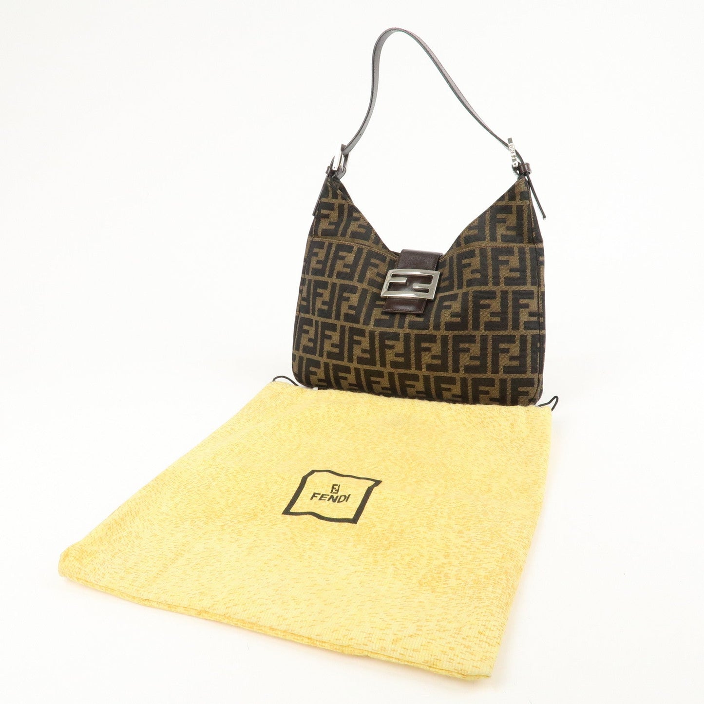 FENDI Zucca Canvas Leather Shoulder Bag Brown Black 26569