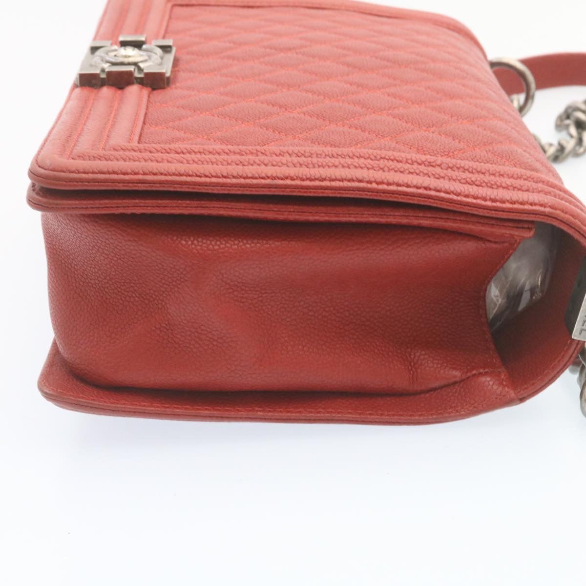 CHANEL Boy Matelasse Chain Flap Shoulder Bag Leather Red CC Auth 28281A