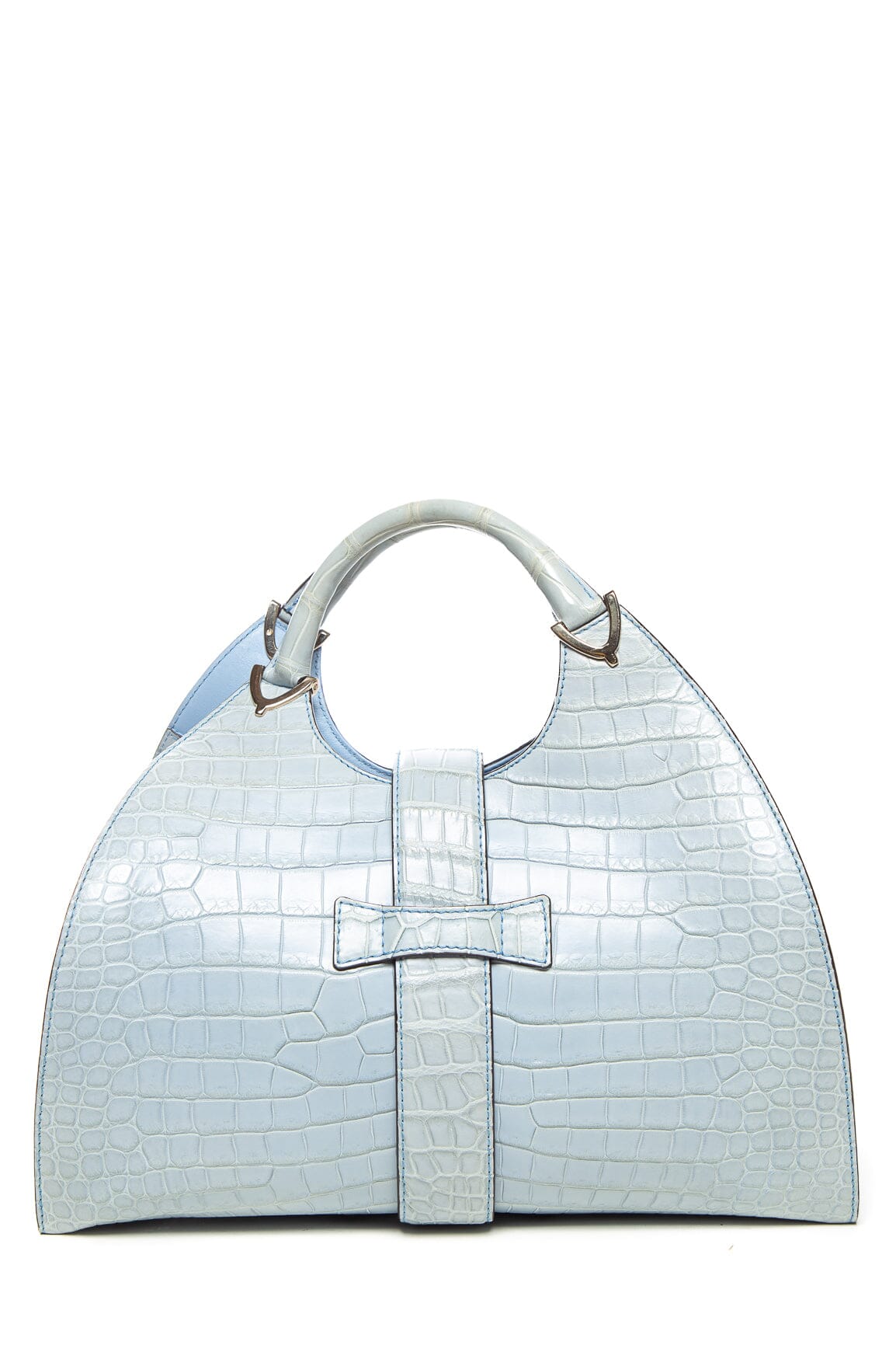 Gucci Crocodile Light Blue Medium Stirrup Top Handle Handbag