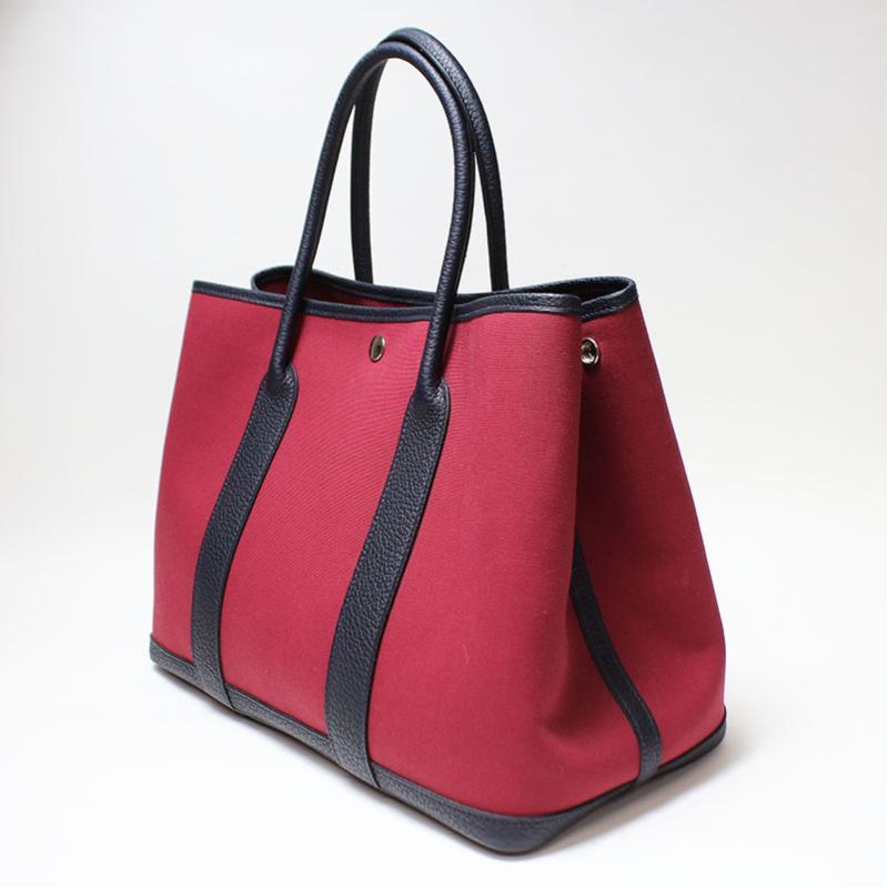Luxury Hermes Rouge Moyen Garden Party Leather PM Toile Tote (SHA25734)