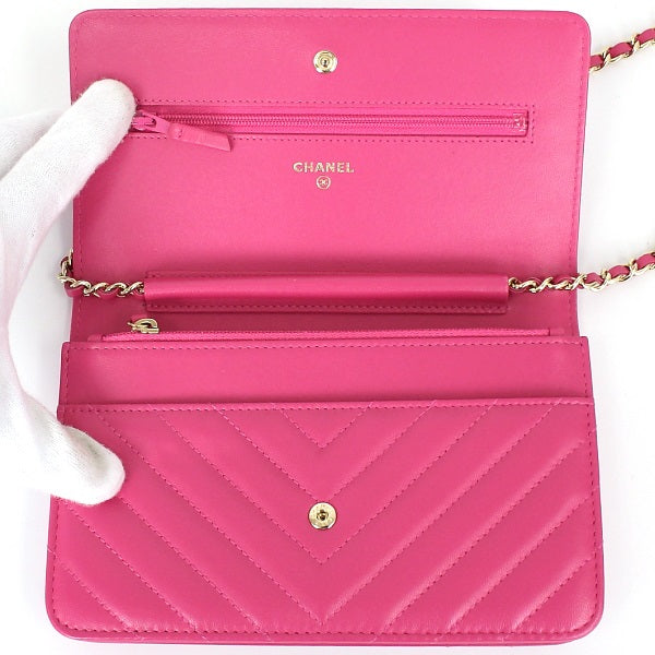 Chanel Chain Wallet Shoulder Bag V Stitch Pink