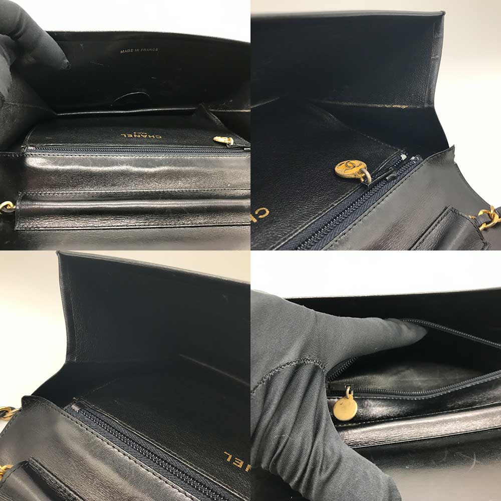 Chanel Leather Chain Shoulder Bag Black Gold Classic Flap