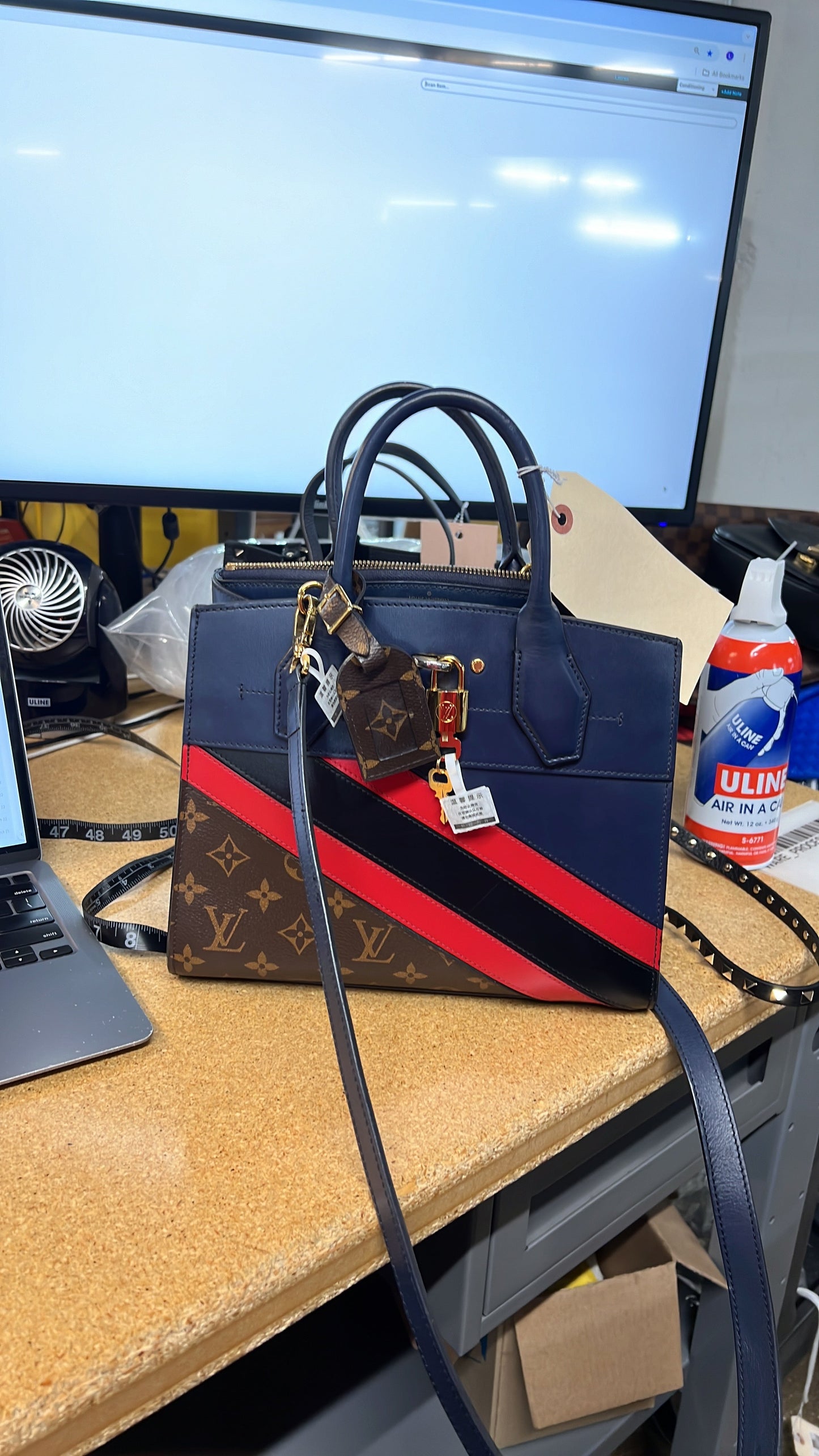 Louis Vuitton City Steamer Handbag Limited Edition Striped Leather with Monogram Canvas PM