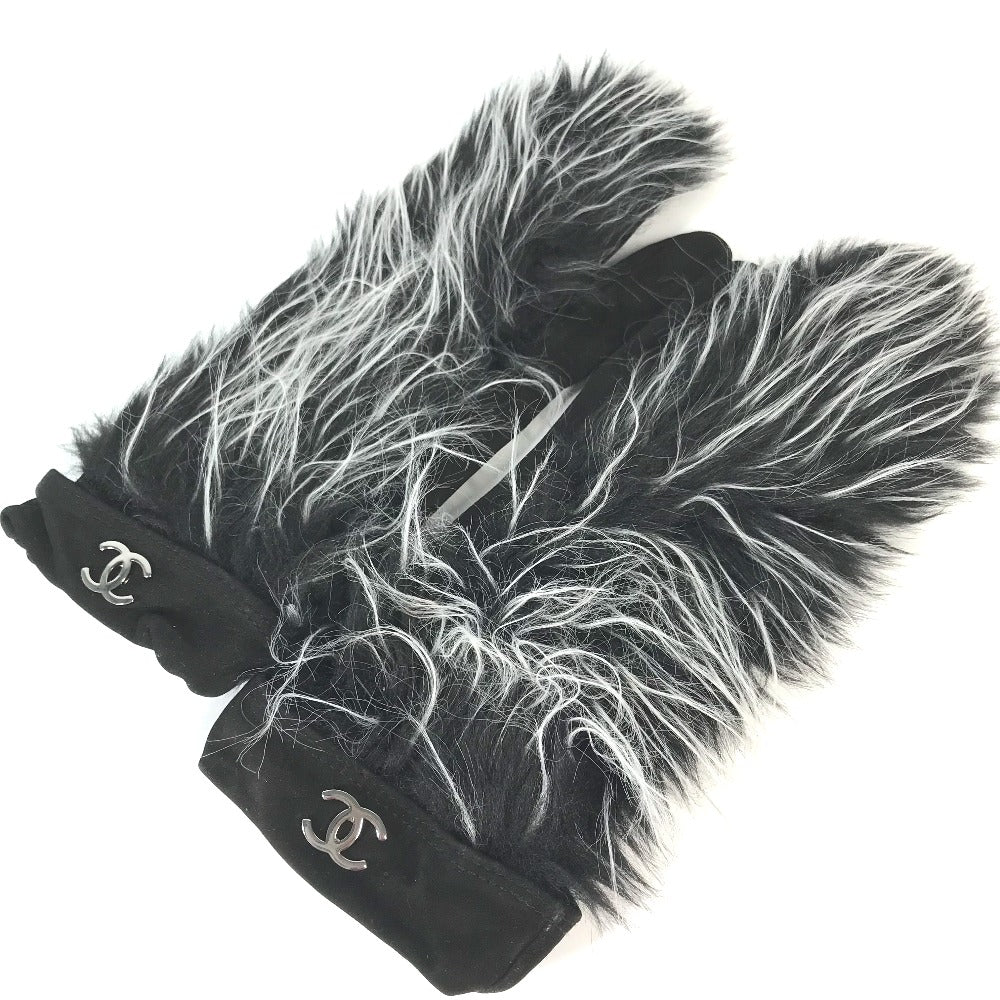 CHANEL Glove Nubuck black mitten type CC COCO Mark Fur Women 7.5