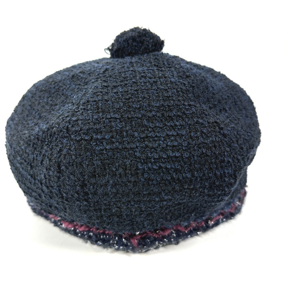 CHANEL Knit hat cotton Navy Glitter logo with pom-pom CC COCO Mark Tweed Women 57