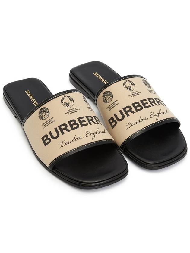 Luxury Burberry Label Print Gabardine Leather Slippers Beige