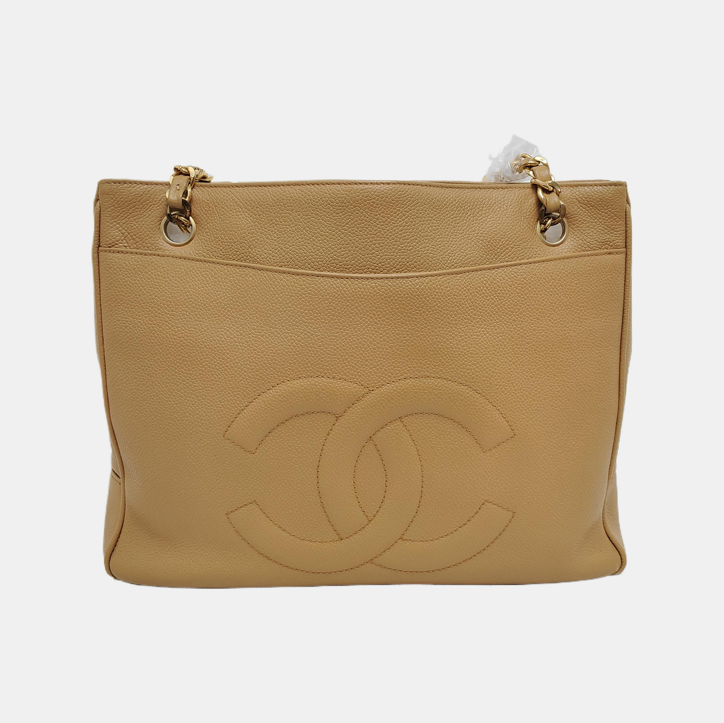 Chanel Vintage Front Pocket Tote Beige Caviar Leather Double Gold Chain