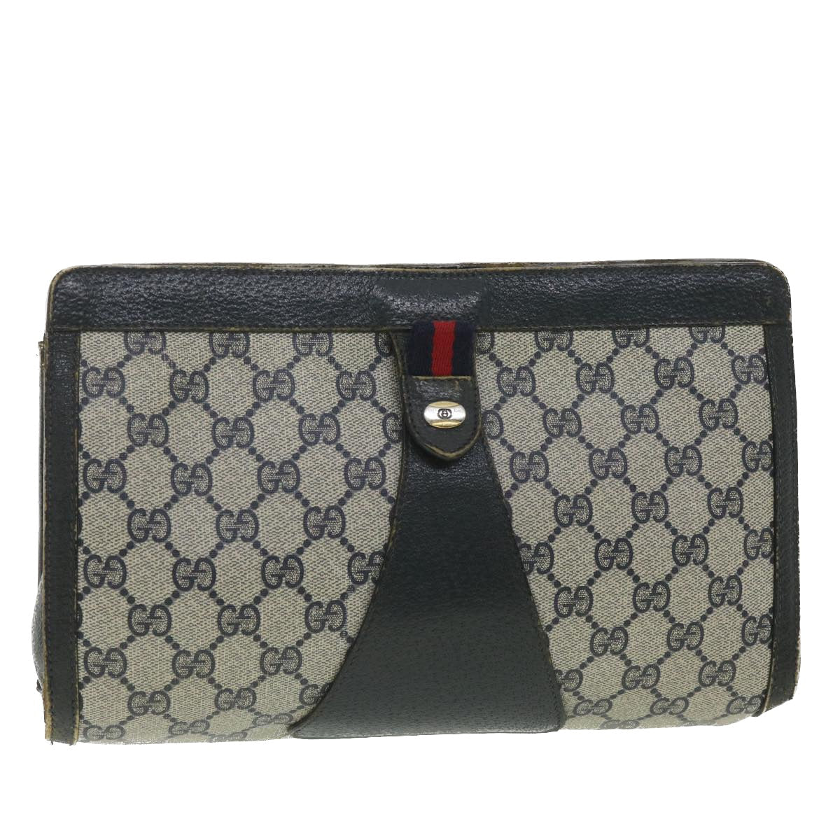 GUCCI Sherry Line GG Canvas Clutch Bag PVC Leather Navy Red 89 36432