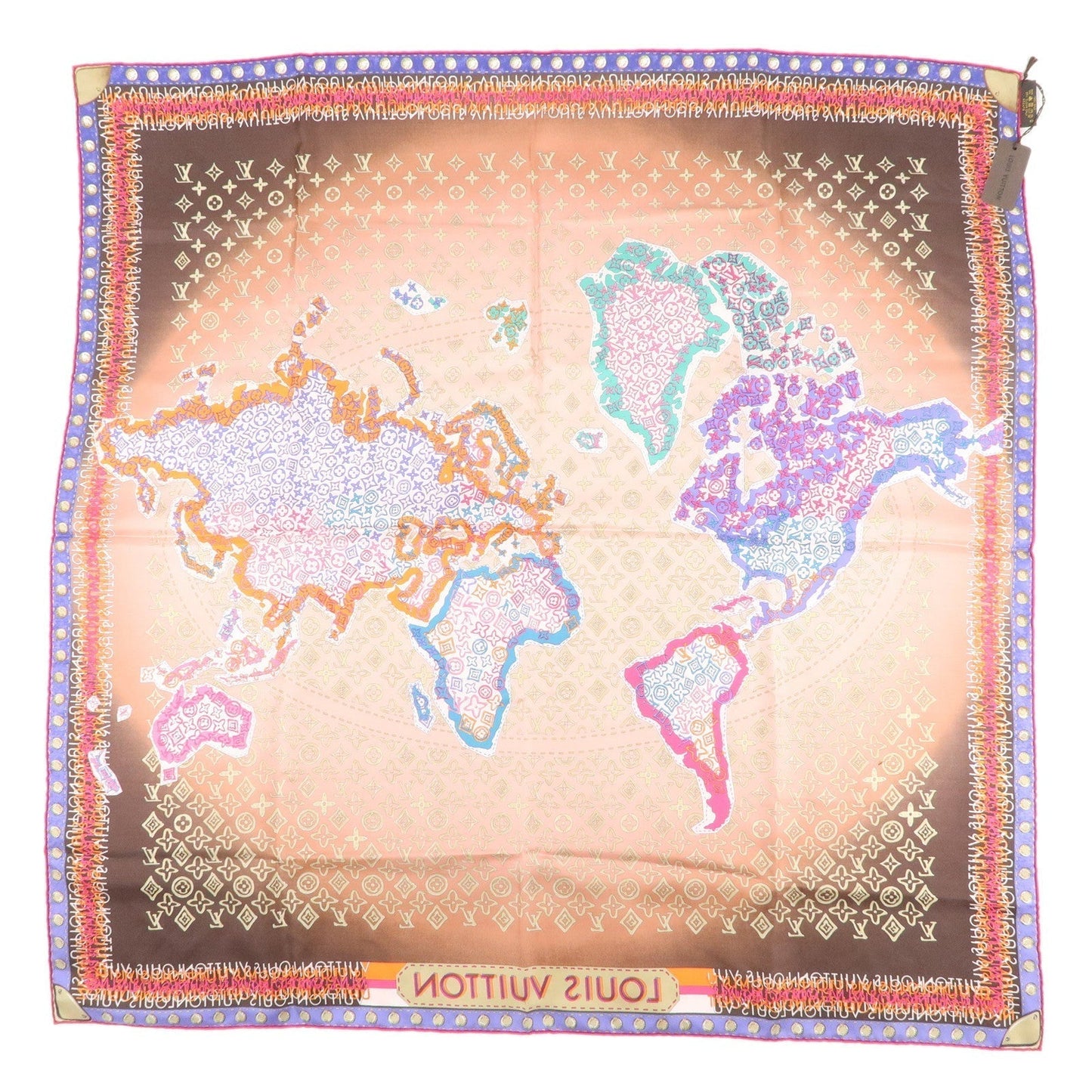 Louis Vuitton Monogram 100% Silk Scarf World Map Brown Pink