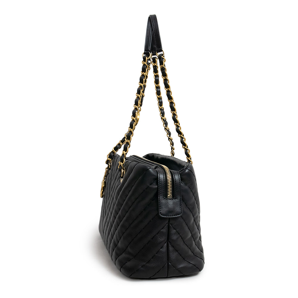 Chanel CC Mark Charm Chevron V Stitch Chain Calfskin Black