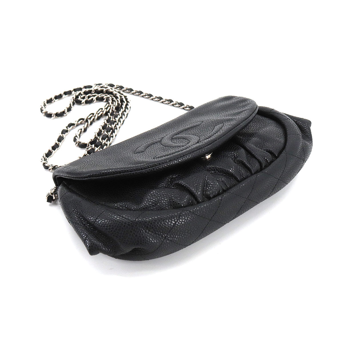 Chanel Half Moon Chain Wallet Folio Long Wallet Caviar Skin Black
