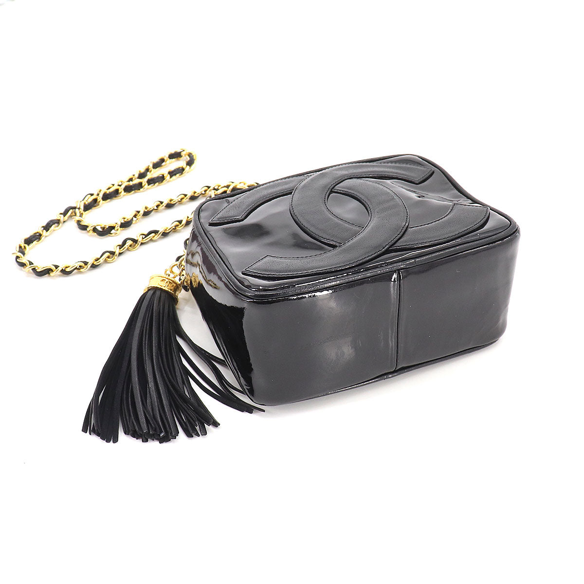 Chanel Here Mark Fringe Chain Shoulder Bag Enamel Leather Black Gold Metal Fittings