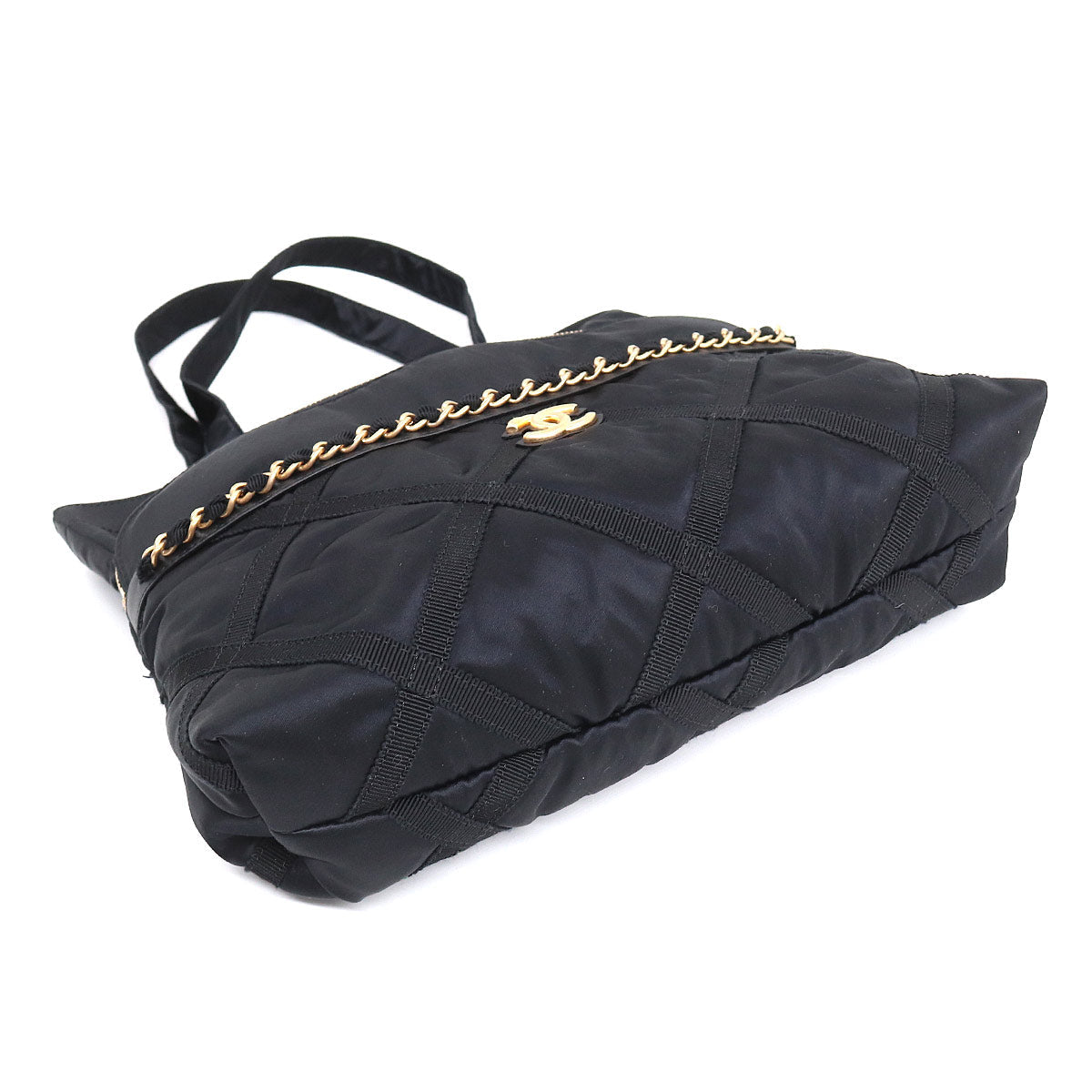 Chanel Quilted Tote Clutch Bag Nylon Leather Black Coco Mark Gold Hardware