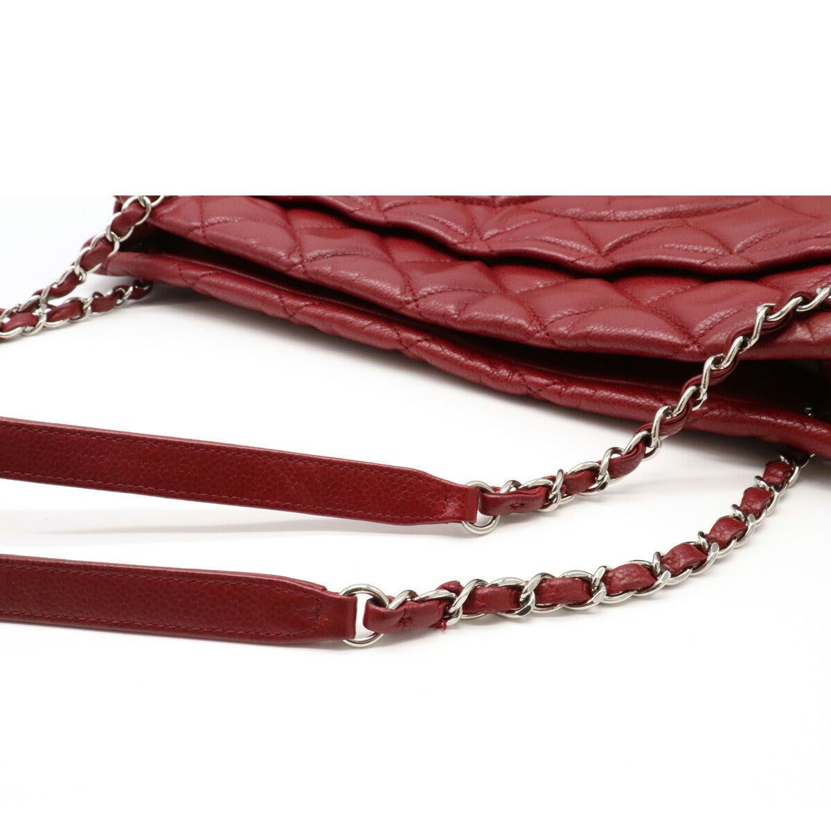 Chanel Matelasse Caviar Skin Here Mark Chain Tote Bag Leather Red Silver