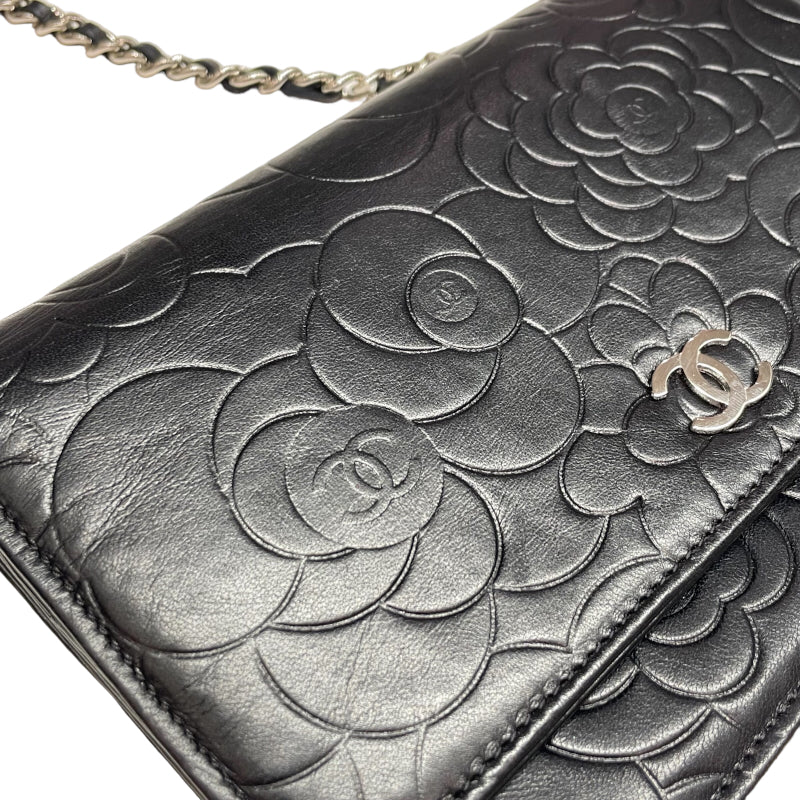 Chanel Camellia Chain Wallet Shoulder Bag Black