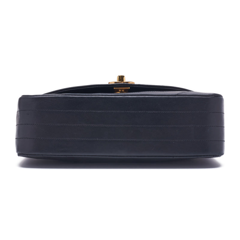 Chanel Border Stitch Round Flap Turn Lock Chain Lambskin Black