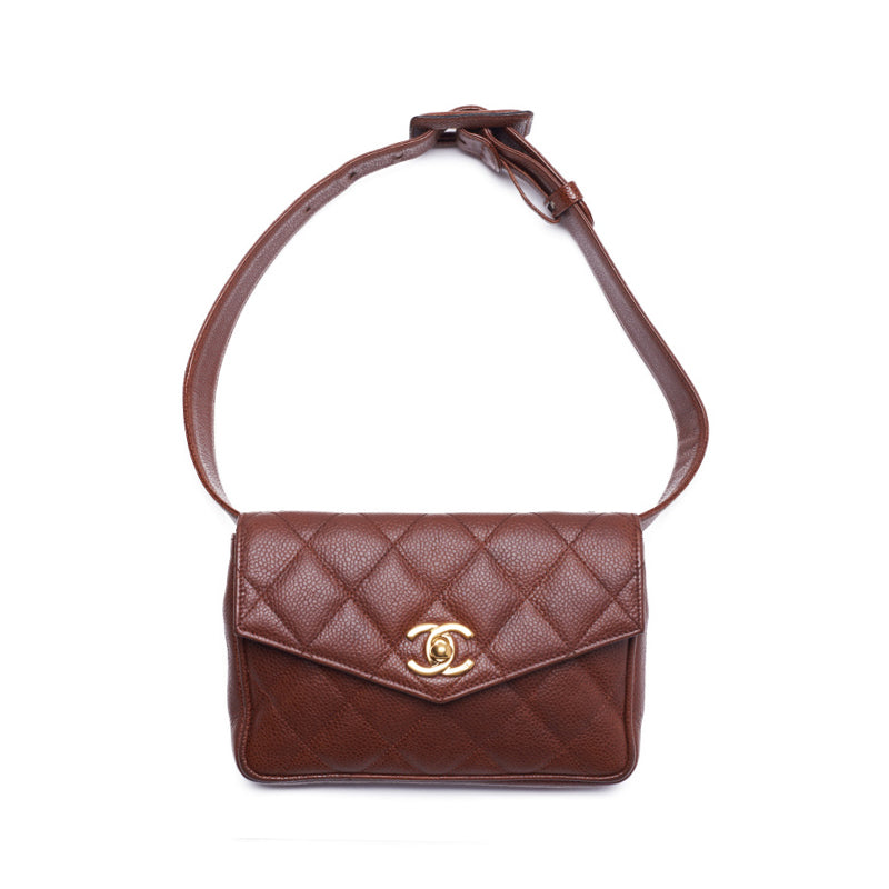 Chanel Mini Matelasse V Flap Waist Pouch Caviar Skin Brown