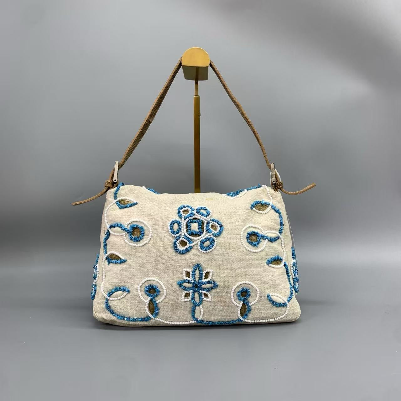 Fendi Mamma Baguette Needlepoint White Canvas and Blue and White Stones Embroidery