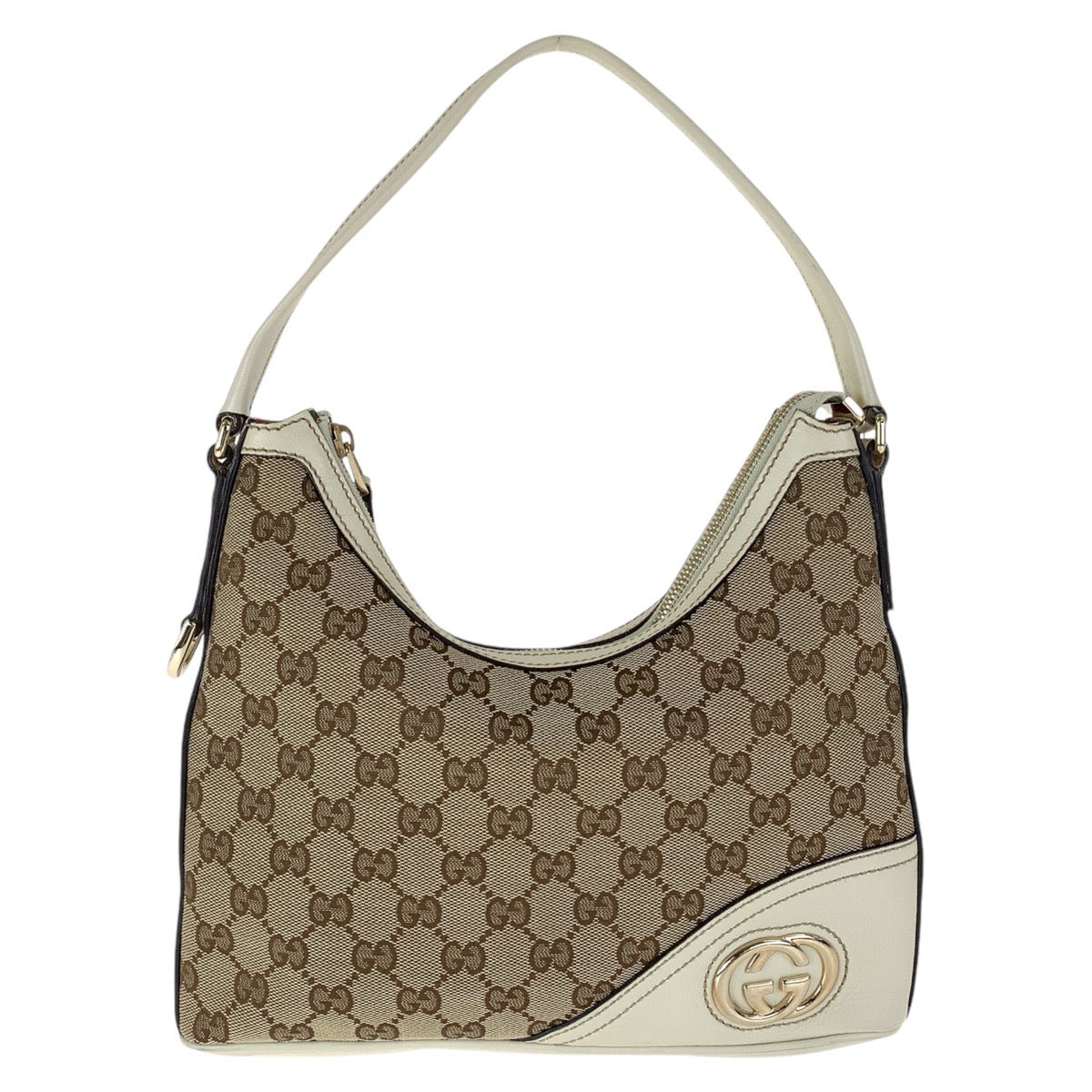 GUCCI Shoulder Bag 182489 GG canvas, leather White Brown Gold Metal Interlocking Women Used