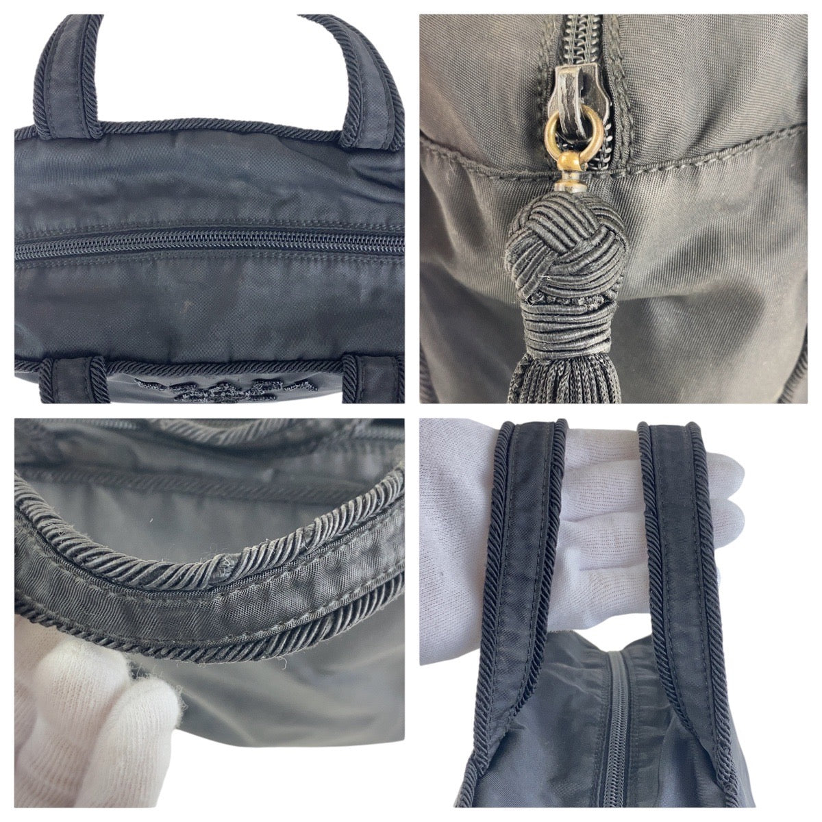 PRADA Handbag Nylon, Beads Black SilverMetal Handbag Tote Bag Test Tassel Women
