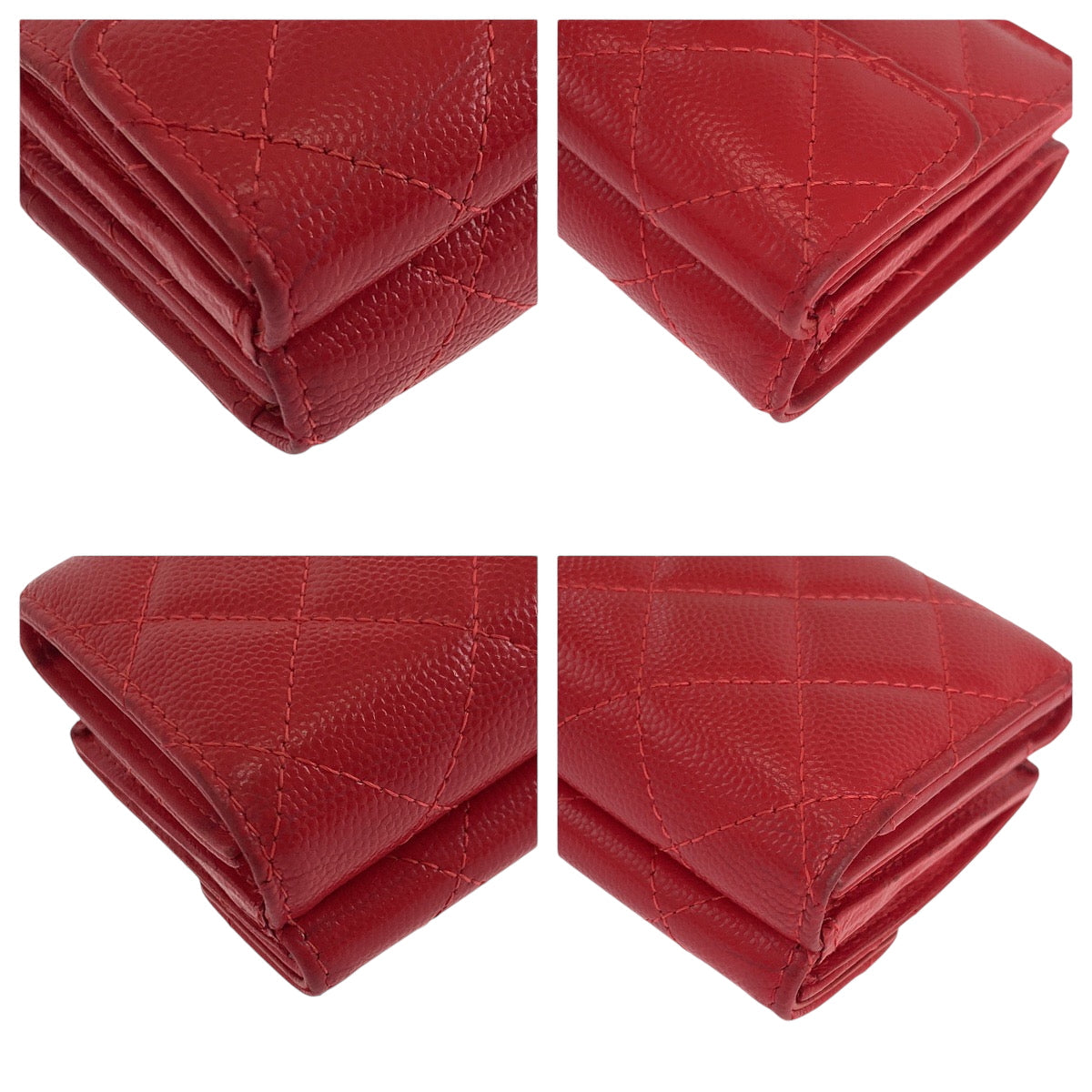 CHANEL Tri-fold wallet Caviar skin Red Gold Metal Folding wallet Compact wallet Matelasse small flap COCO Mark Women