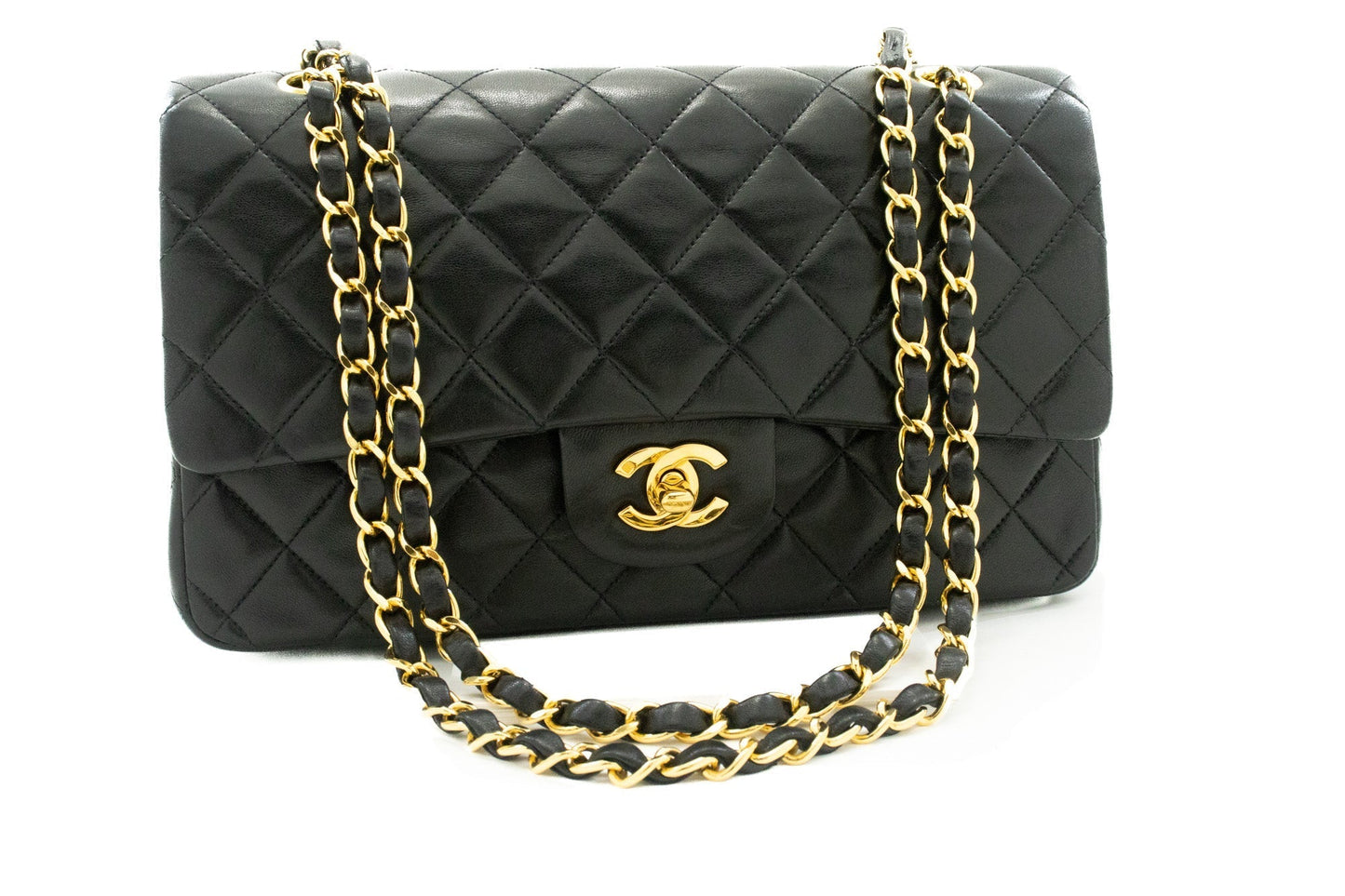CHANEL Classic Double Flap 10" Chain Shoulder Bag Black Lambskin