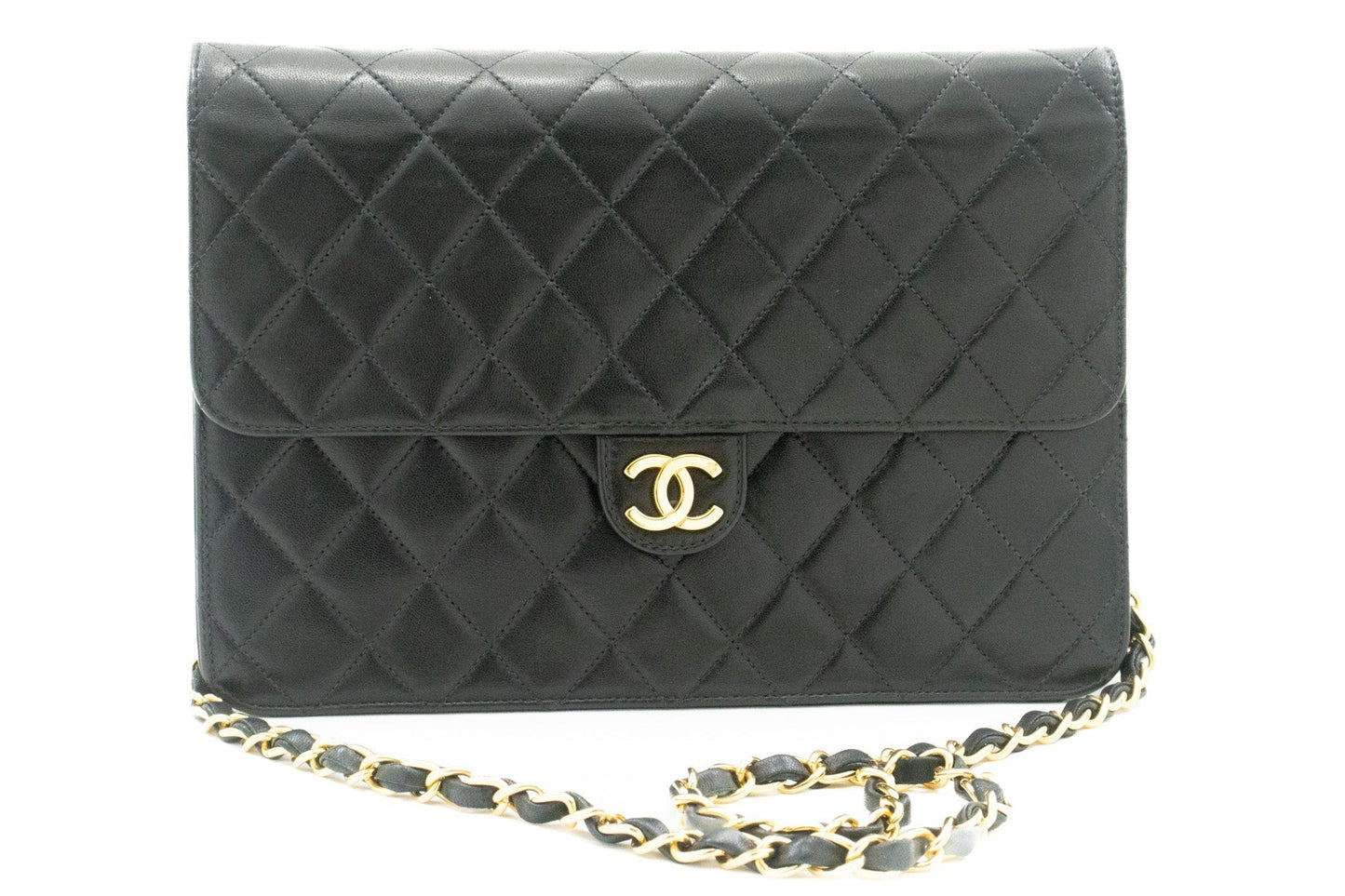 CHANEL Chain Shoulder Bag Clutch Black Quilted Flap Lambskin Purse