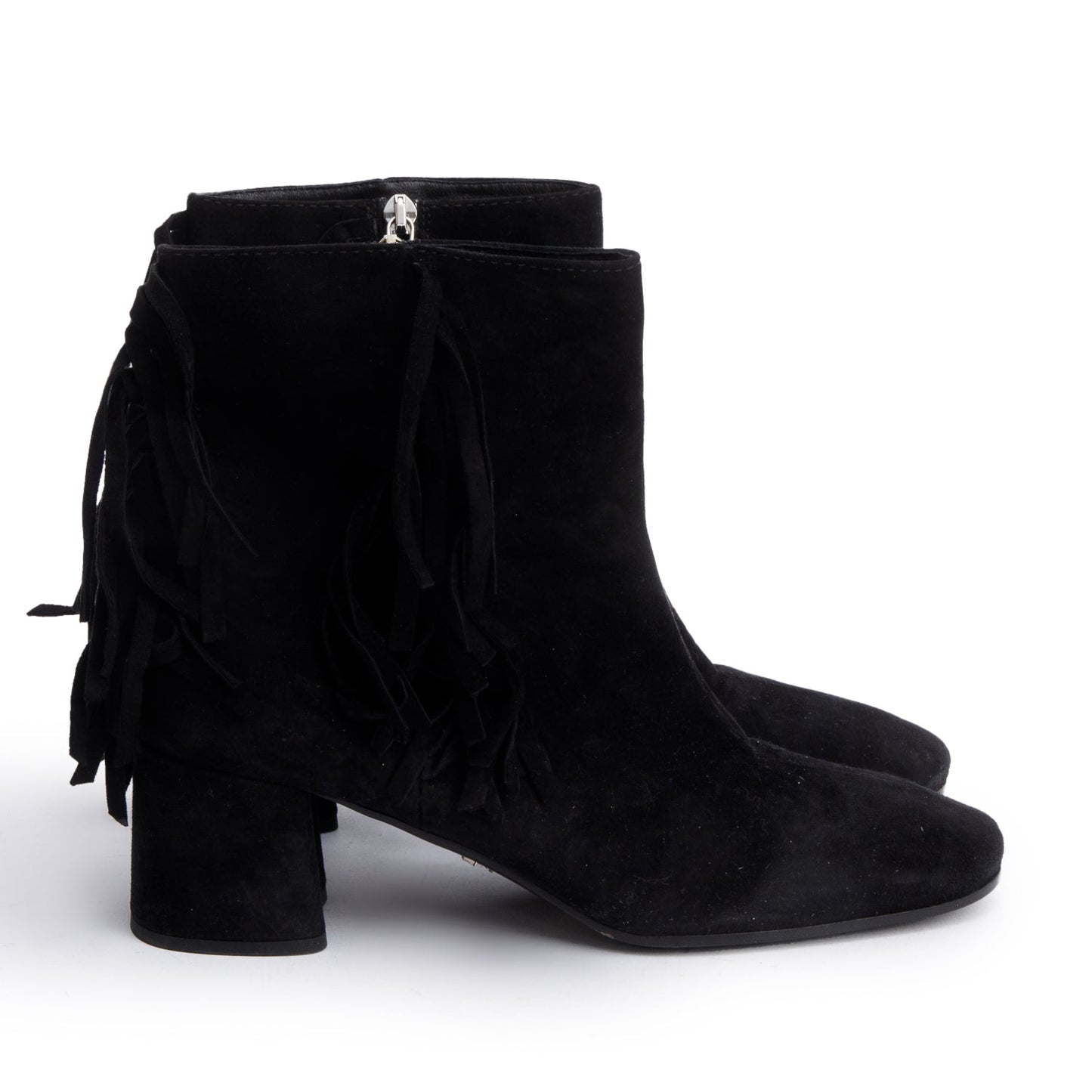 Prada Black Suede Fringe Ankle Boots, Size 38