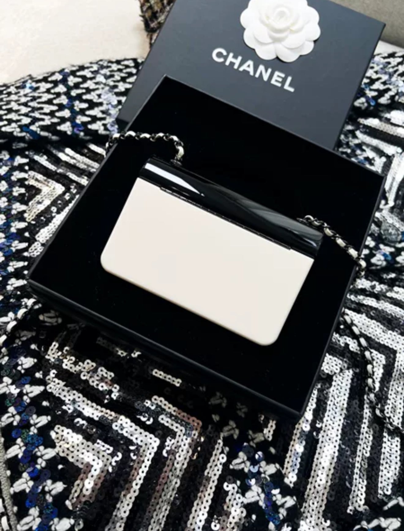 Chanel 21 black and white acrylic box minaudière