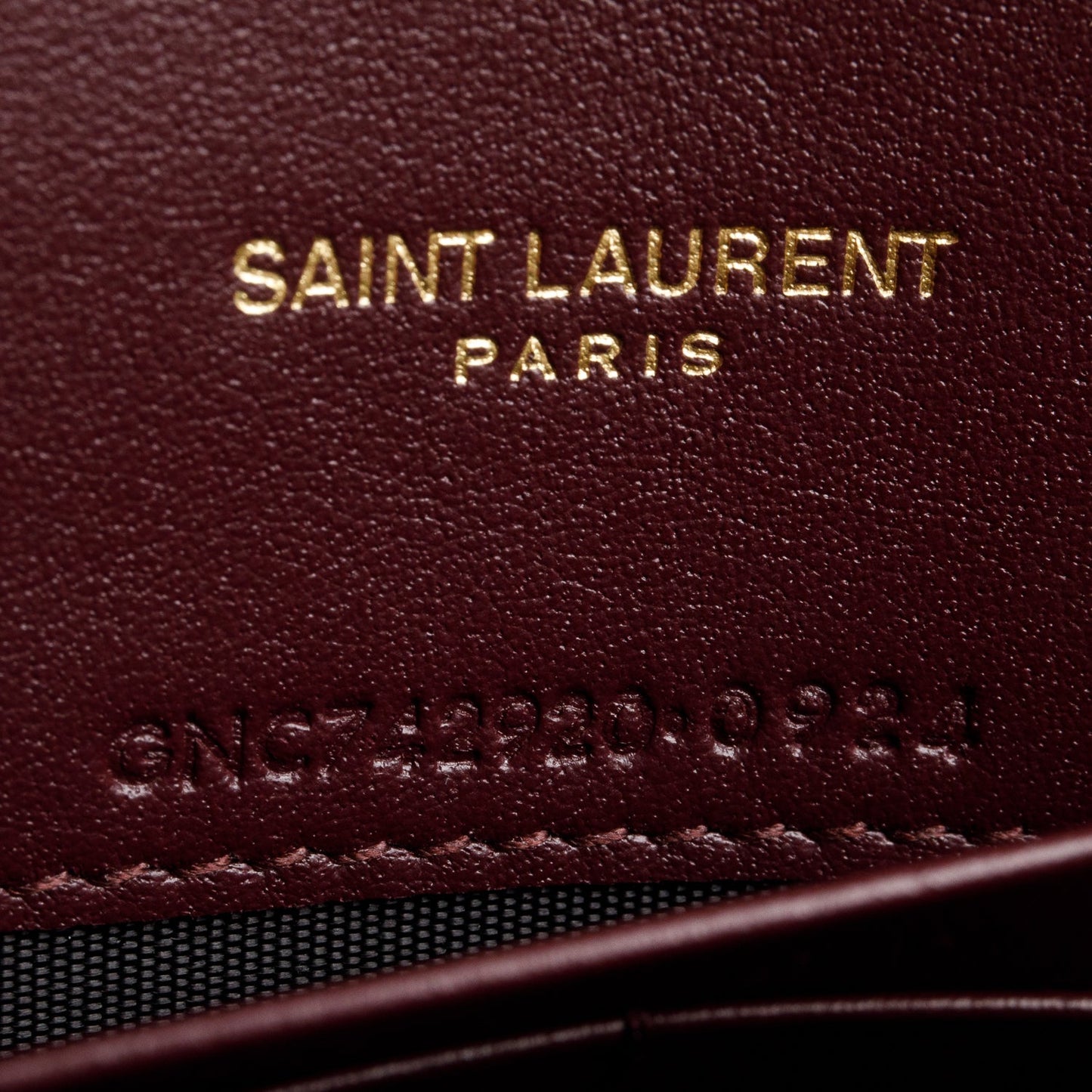 Saint Laurent 2024 Burgundy Patent Leather Cassandre Envelope Chain Wallet