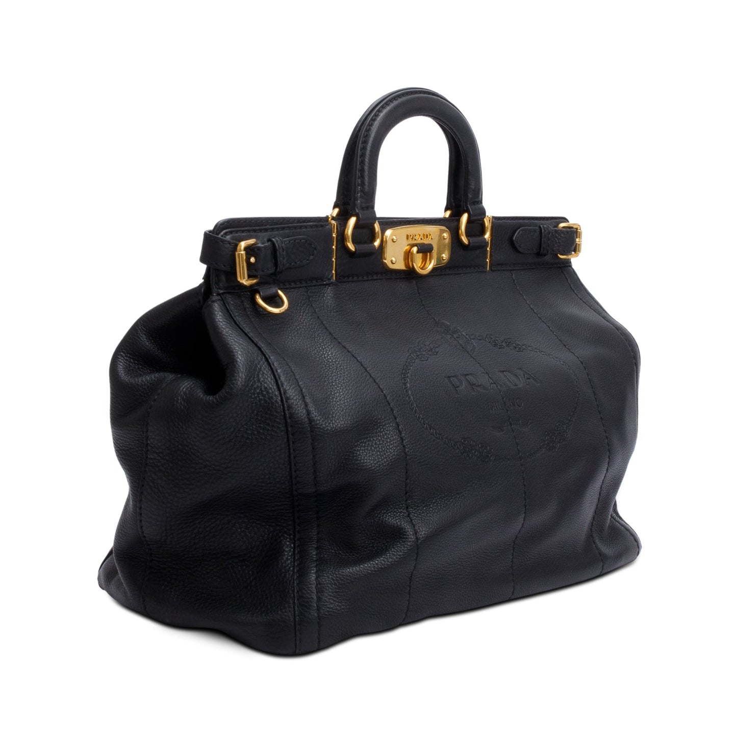 Prada Black Vitello Daino Leather Borsa Carniera Logo Frame Tote