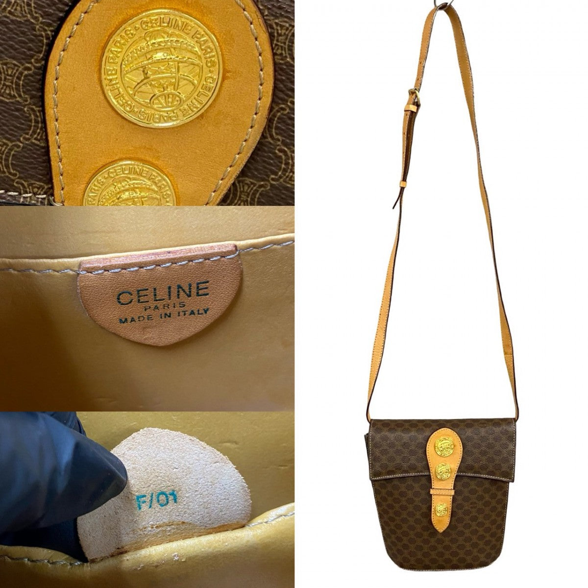 CELINE Shoulder Bag Leather, PVC Brown Macadam Blason Triomphe Pattern Medal Coin Motif Metal Women