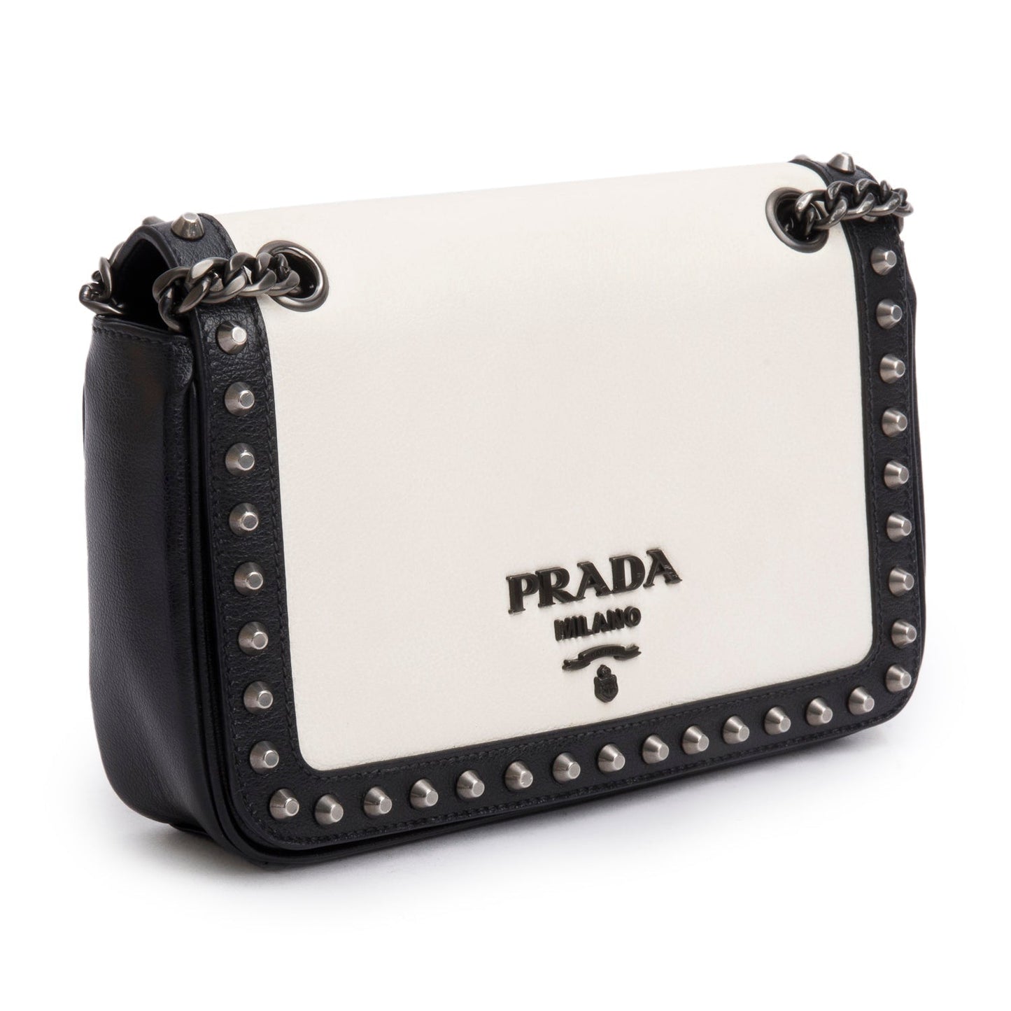 Prada Black/White Glace Calf Leather Studded Camera Crossbody Bag