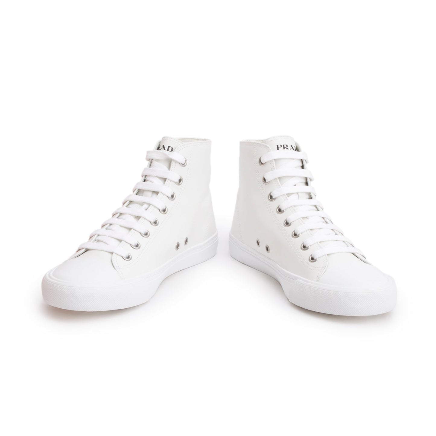 Prada White Vitello Plume Logo High Top Sneakers, Men's Size 9