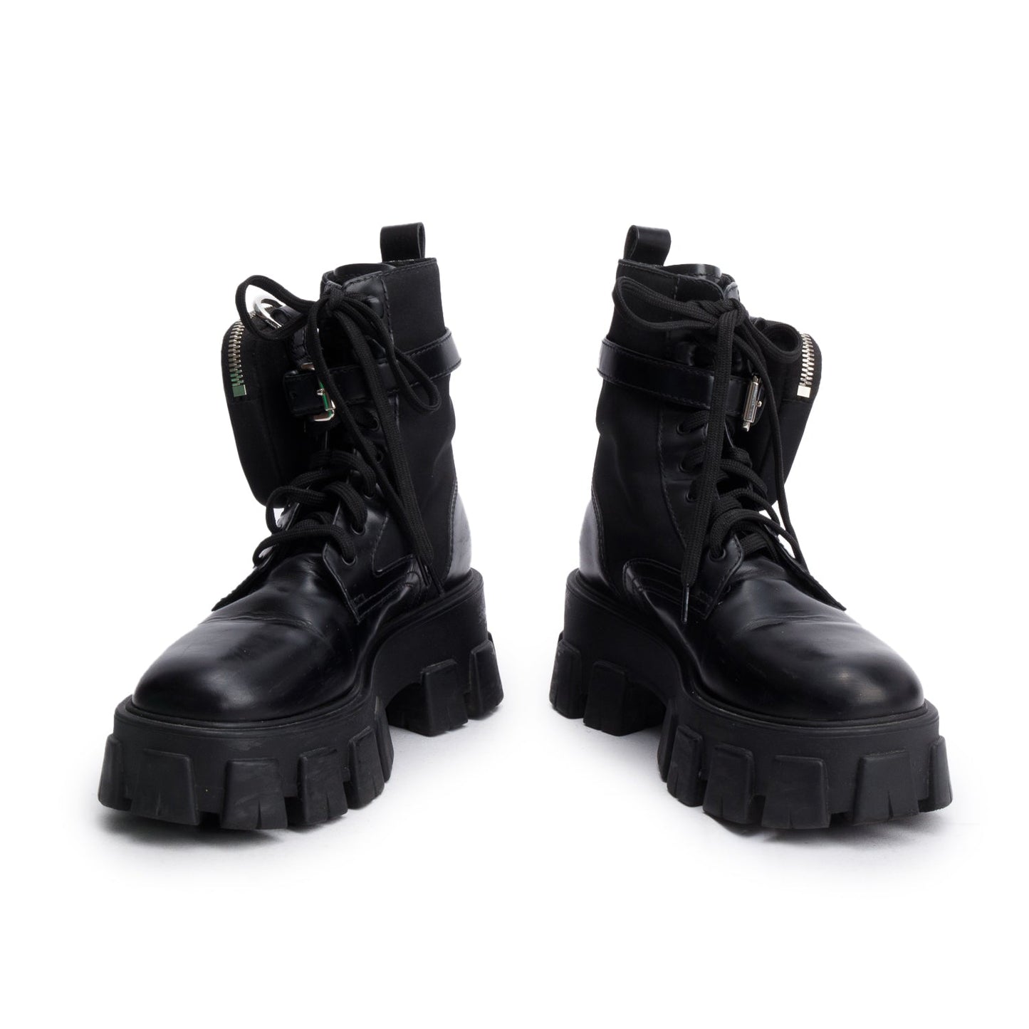 Prada Black Monolith Leather and Re-Nylon Boots with Pouch, Size 36.5