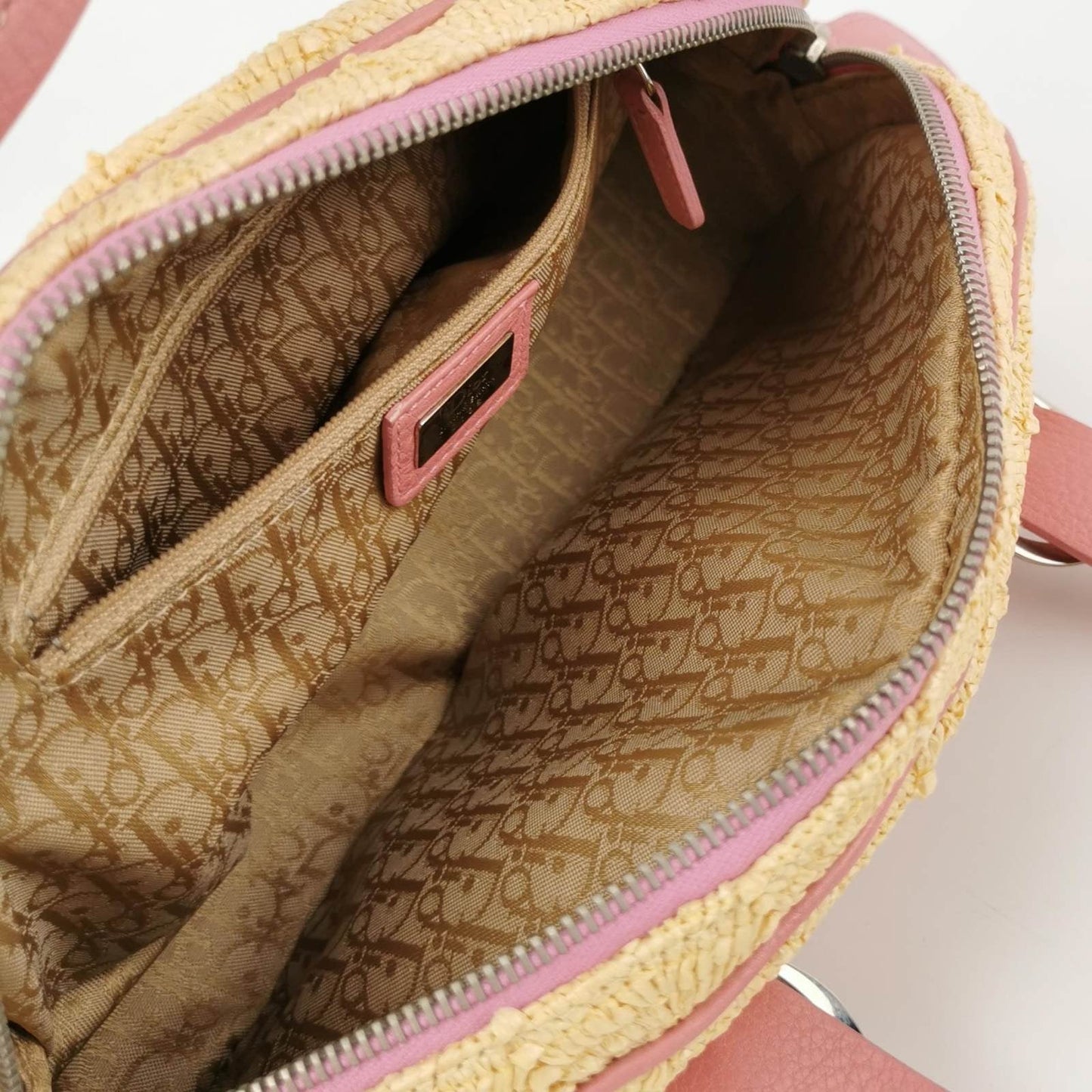 Dior Wicker Boston Bag Floral Embroidery Pink Leather