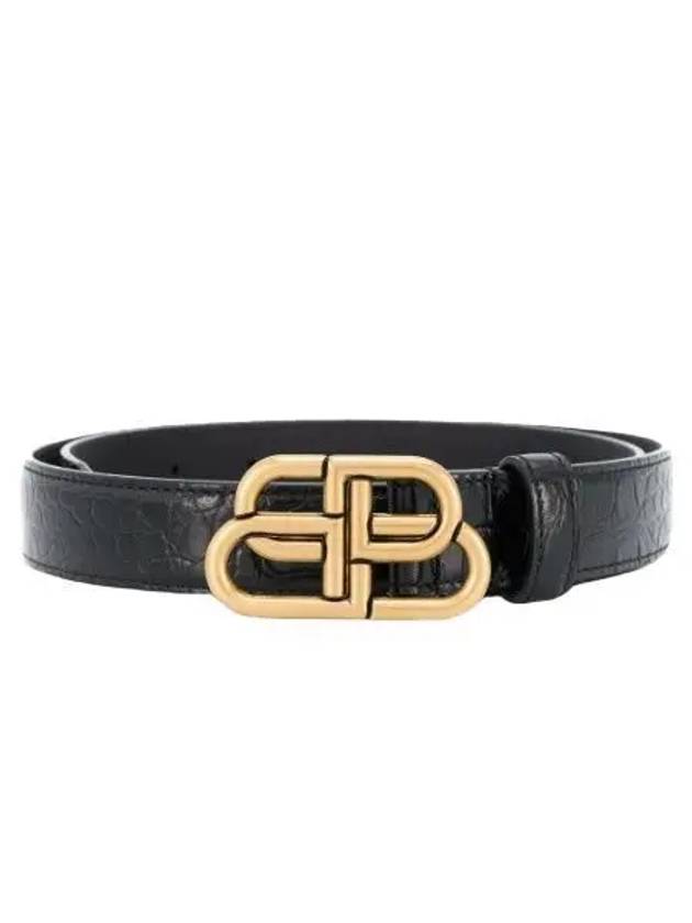 Luxury Balenciaga Trending 2026 WoMen's Crocodile Embossed BB Buckle Thin Belt Black