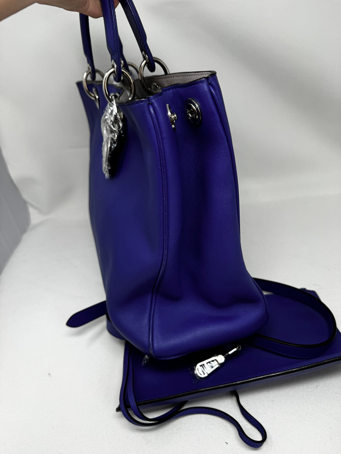 Christian Dior Dark Blue Satin-Finish Calfskin Leather Large Diorissimo Tote Bag BJ1-01
