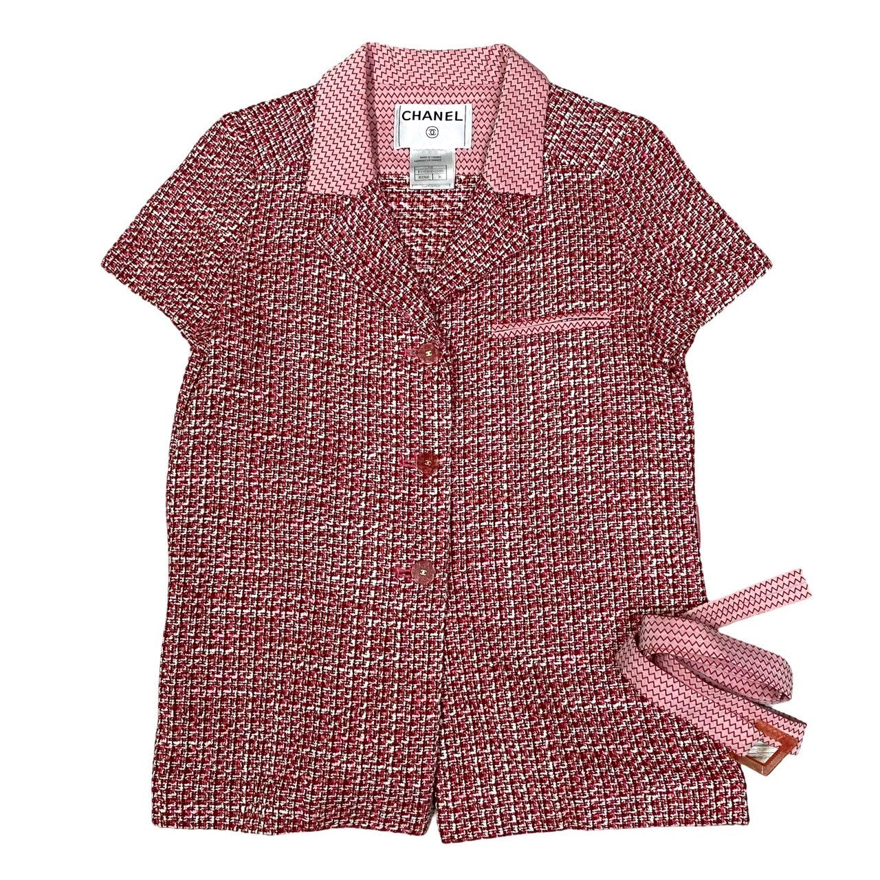 CHANEL tailored jacket Wool, Acrylic, Cotton, Nylon Red COCO Mark logo button Tweed jacket Women 36