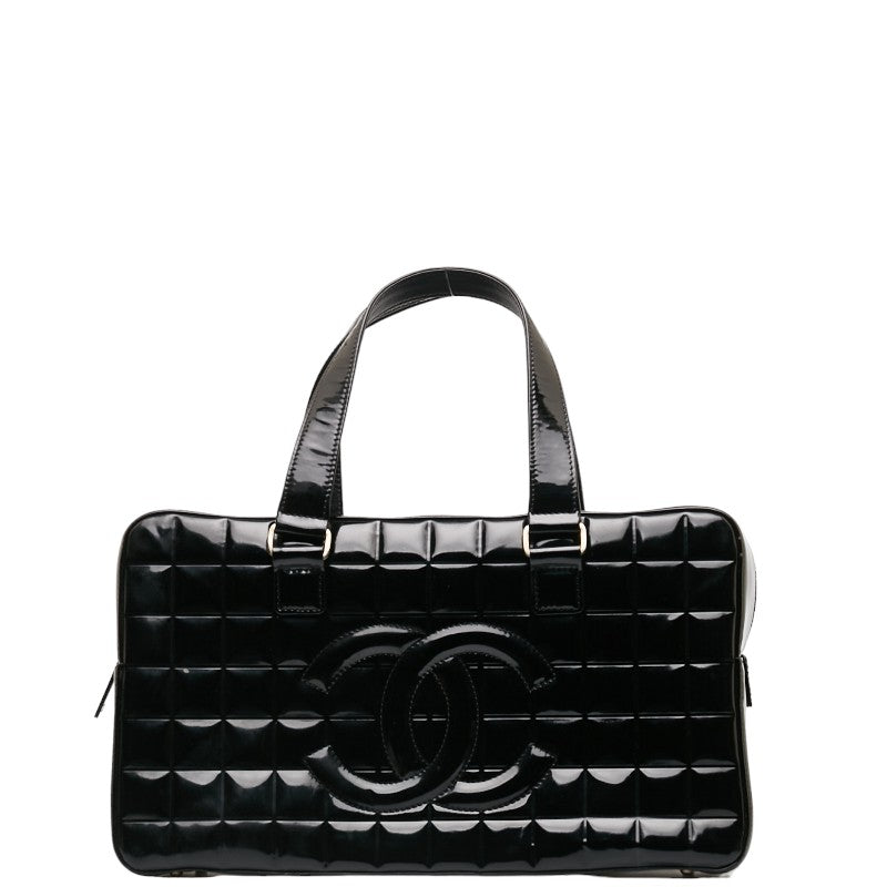 Chanel Chocolate Bar Coco Mini Boston Bag Handbag Black Patent Leather Leather CHANEL