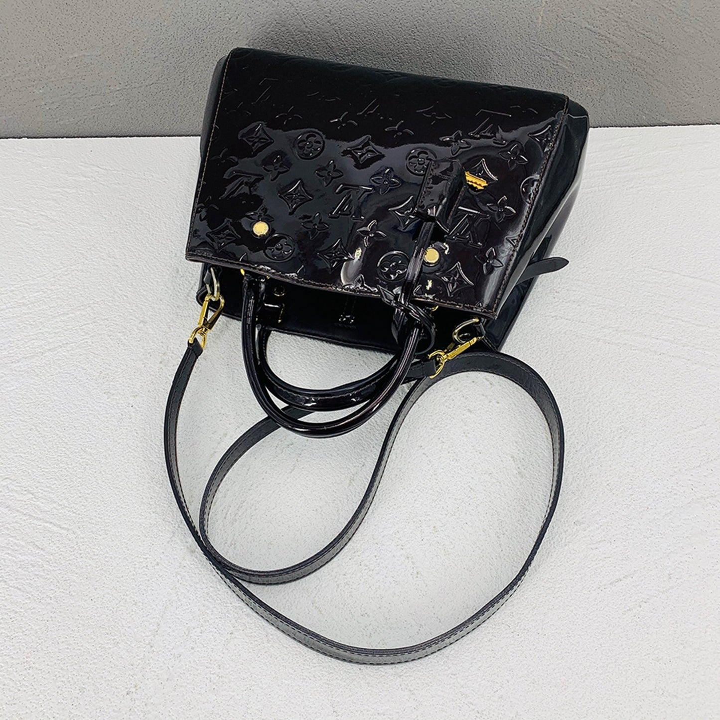 Louis Vuitton Black Patent leather Montaigne handbag bag