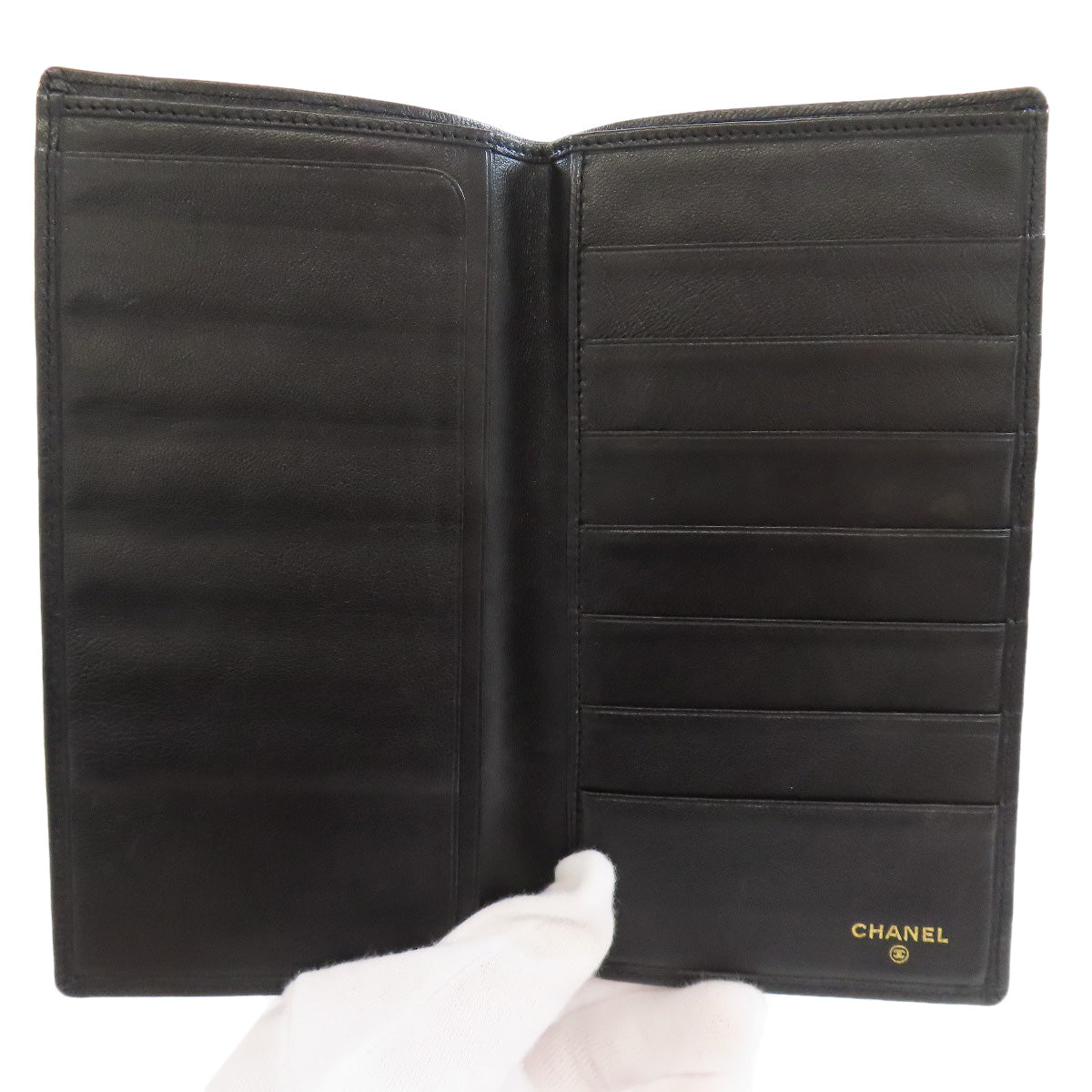 CHANEL Long Wallet Purse Calfskin black stitch Women