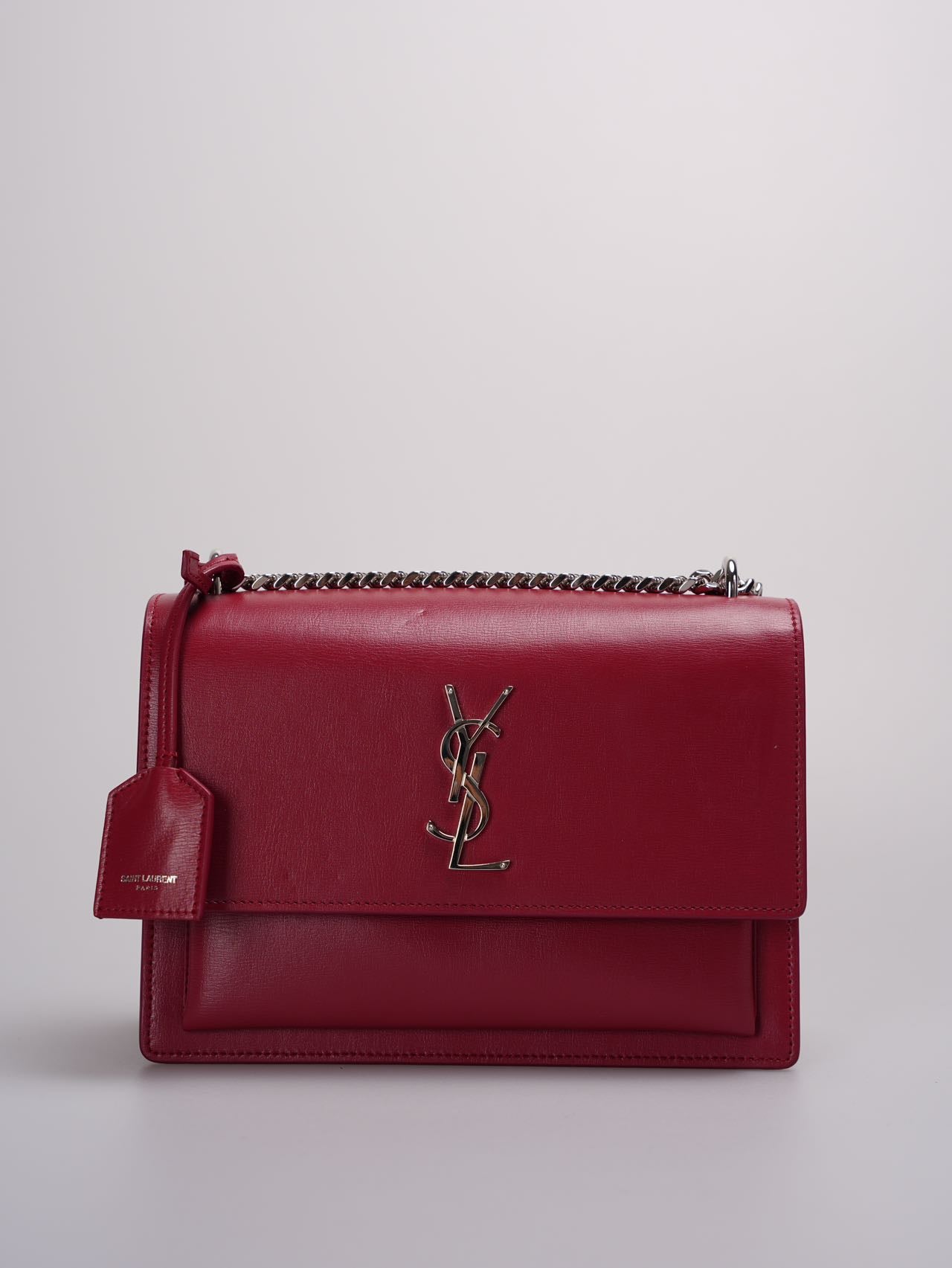 Saint Laurent Calfskin Medium Monogram Sunset shoulder bag in Rouge