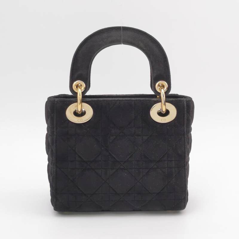 Lady Dior Mini Black Suede with Light Gold-tone Hardware and Crystal Logo