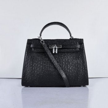 Luxury Hermes Kelly 32cm Ostrich Vein 6108 Black Silver