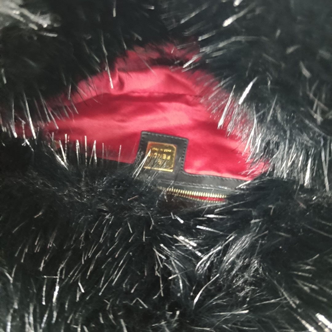 Fendi Baguette Black Furry Pink Interior Shoulder Bag