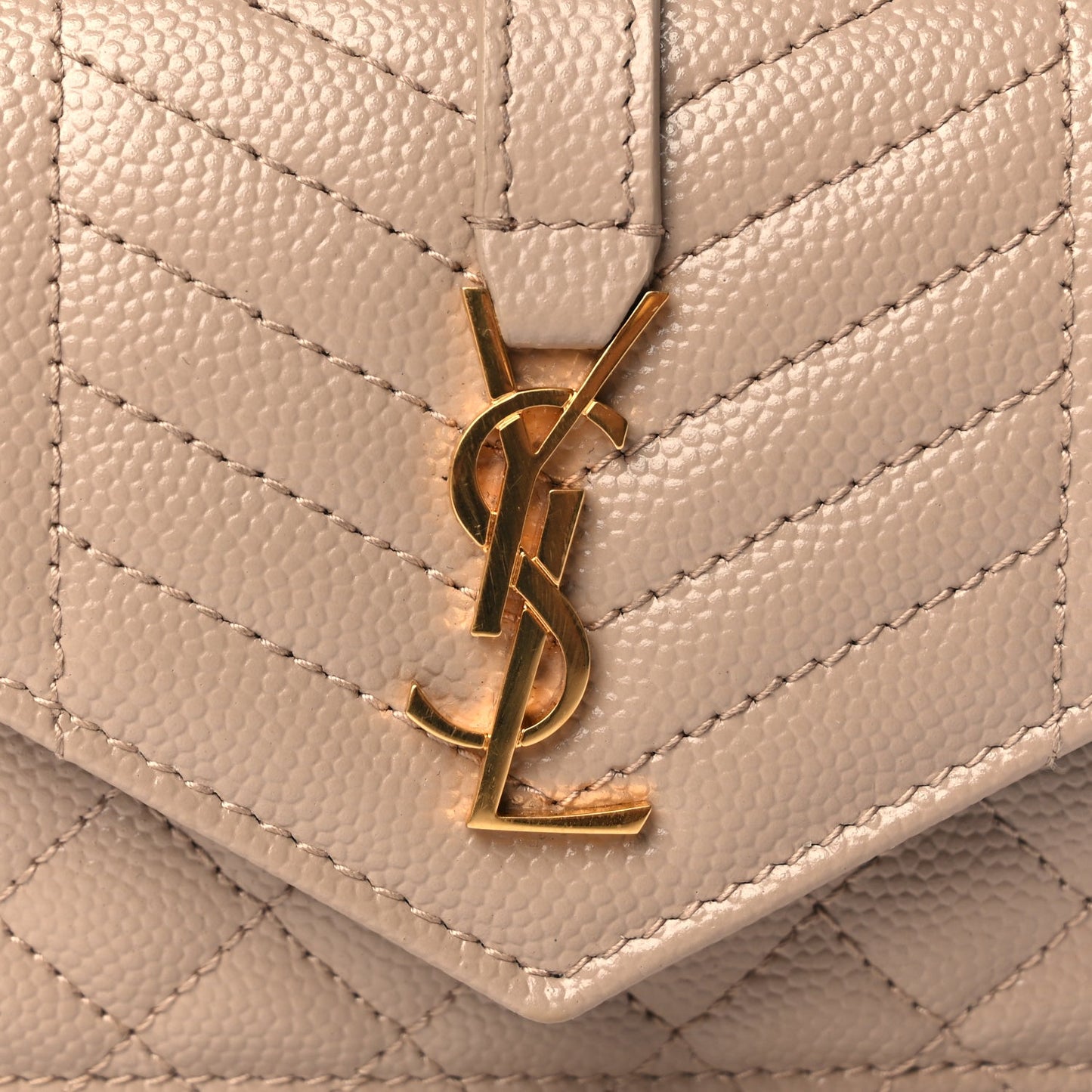 Saint Laurent Grain De Poudre Mixed Matelasse Triquilt Monogram Compact Tri Fold Wallet Dark Beige