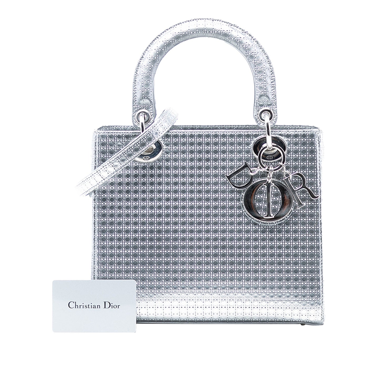 Silver Dior Medium Metallic Patent Microcannage Lady Dior Satchel