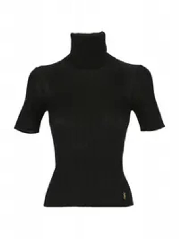 Luxury Saint Laurent Trending 2025 Rib Silk Monogram Short Sleeve Turtleneck Black